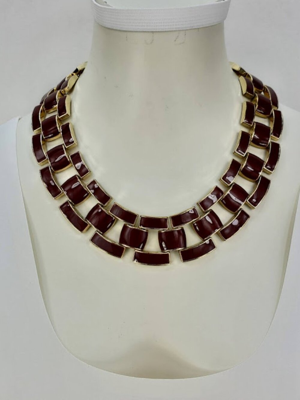 Chunky Maroon Enamel and Gold Tone Link Collar Necklace